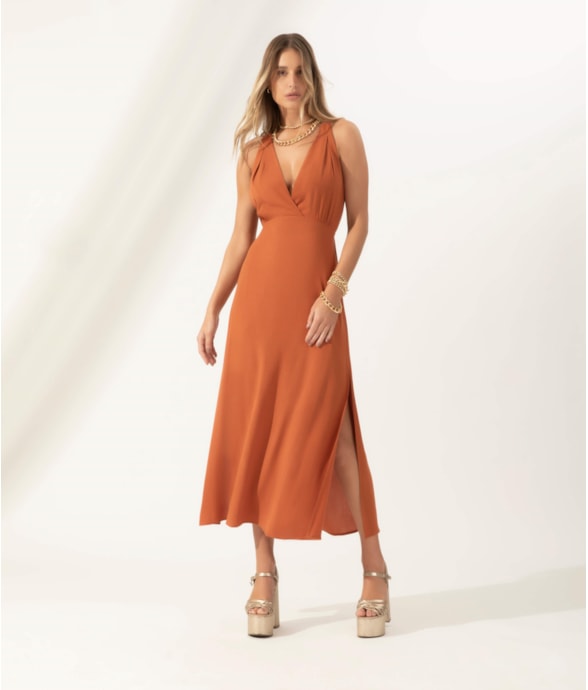 Vestido Midi Slub Texture Bridão Caramelo