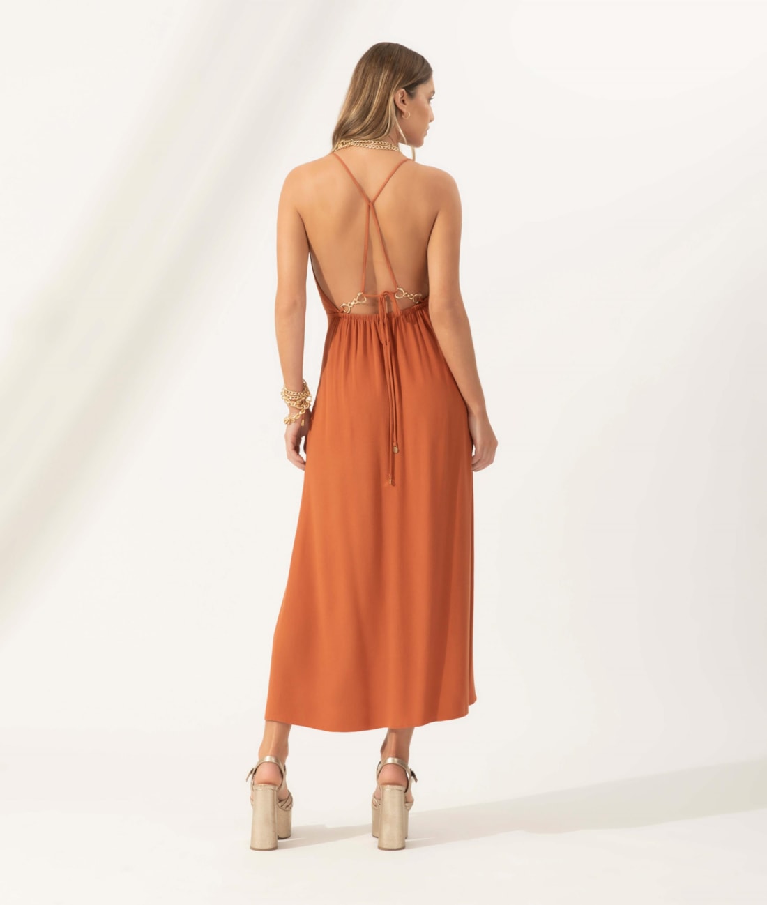Vestido Midi Slub Texture Bridão Caramelo