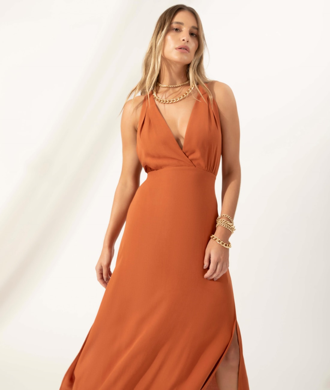 Vestido Midi Slub Texture Bridão Caramelo