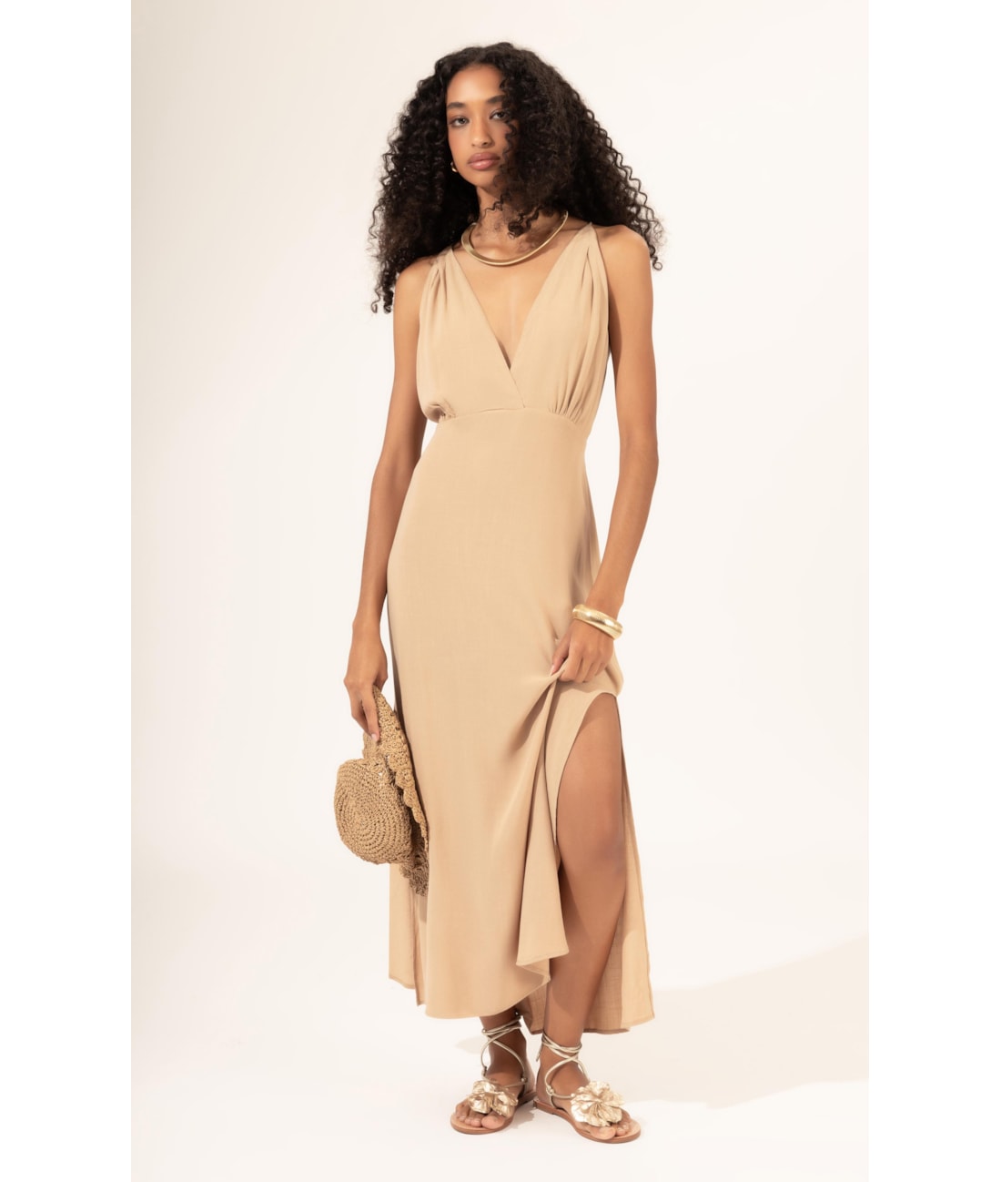 Vestido Midi Slub Texture Bridão Natural