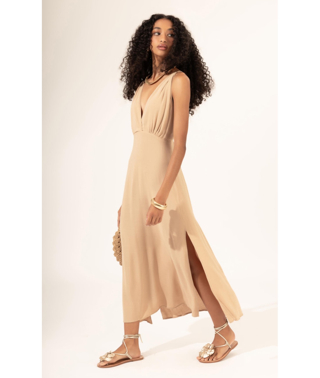 Vestido Midi Slub Texture Bridão Natural