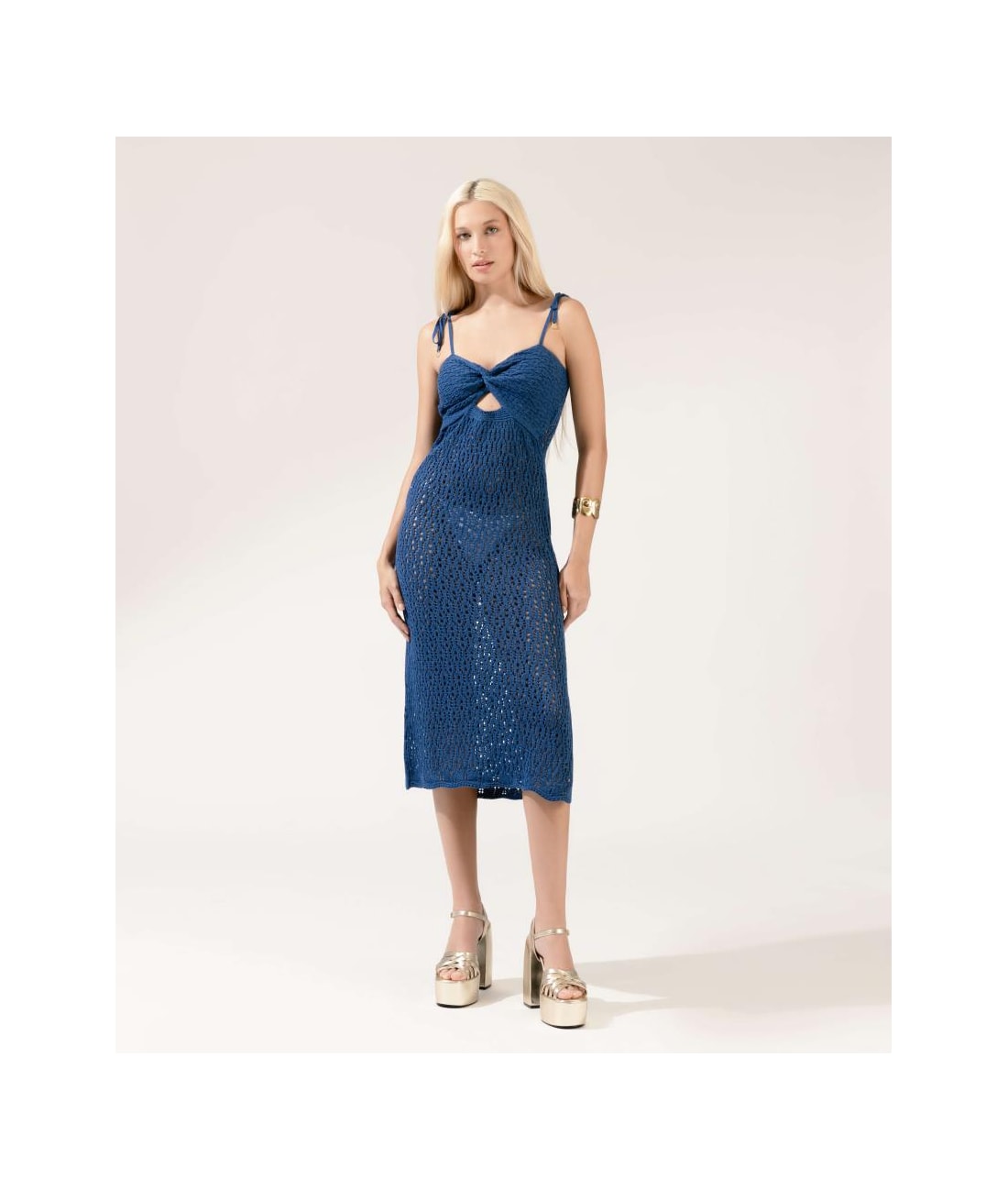 Vestido Midi Tricot Crochet Azul Bic