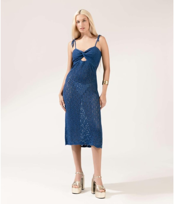 Vestido Midi Tricot Crochet Azul Bic