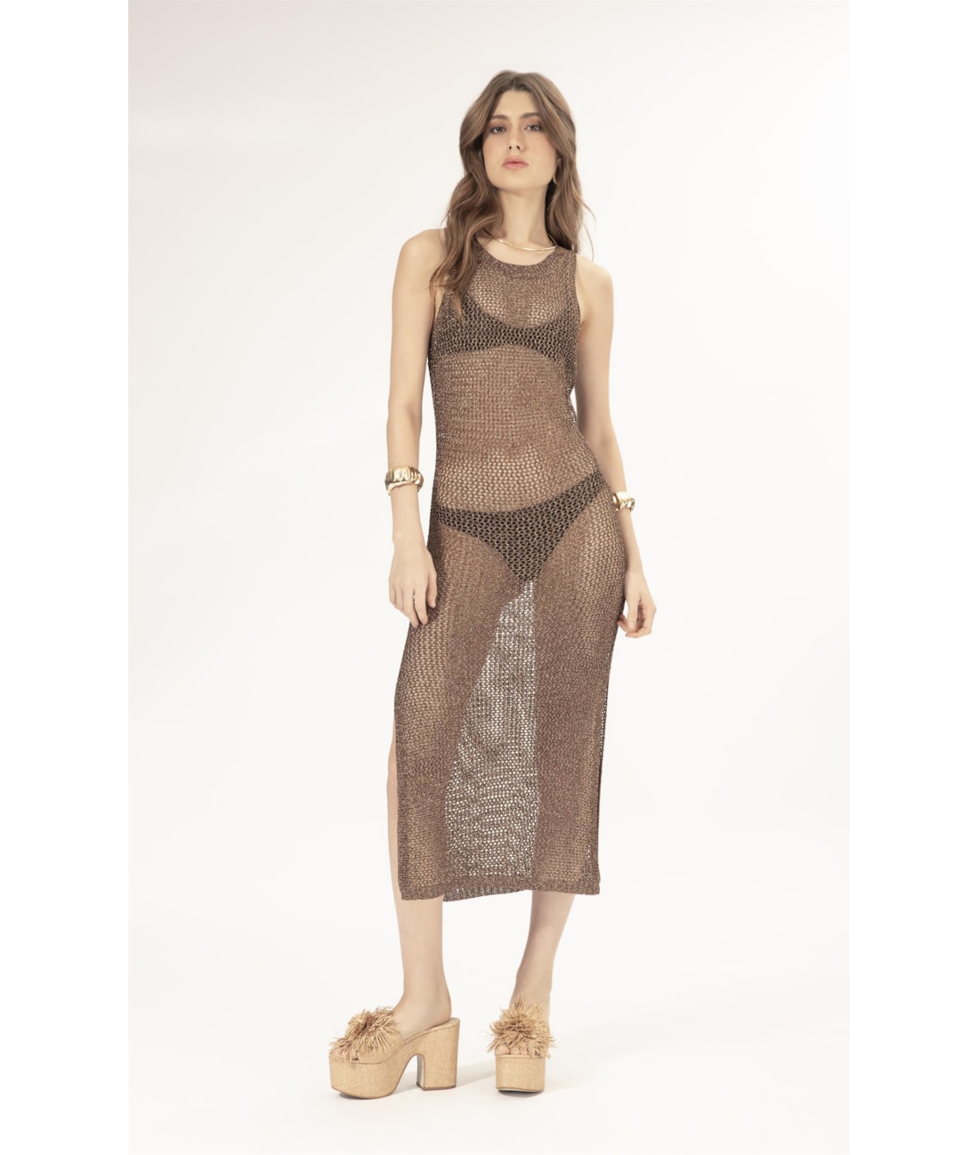 Vestido Midi Tricot Mesh Lurex Cafe