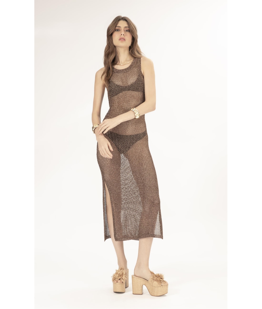 Vestido Midi Tricot Mesh Lurex Cafe