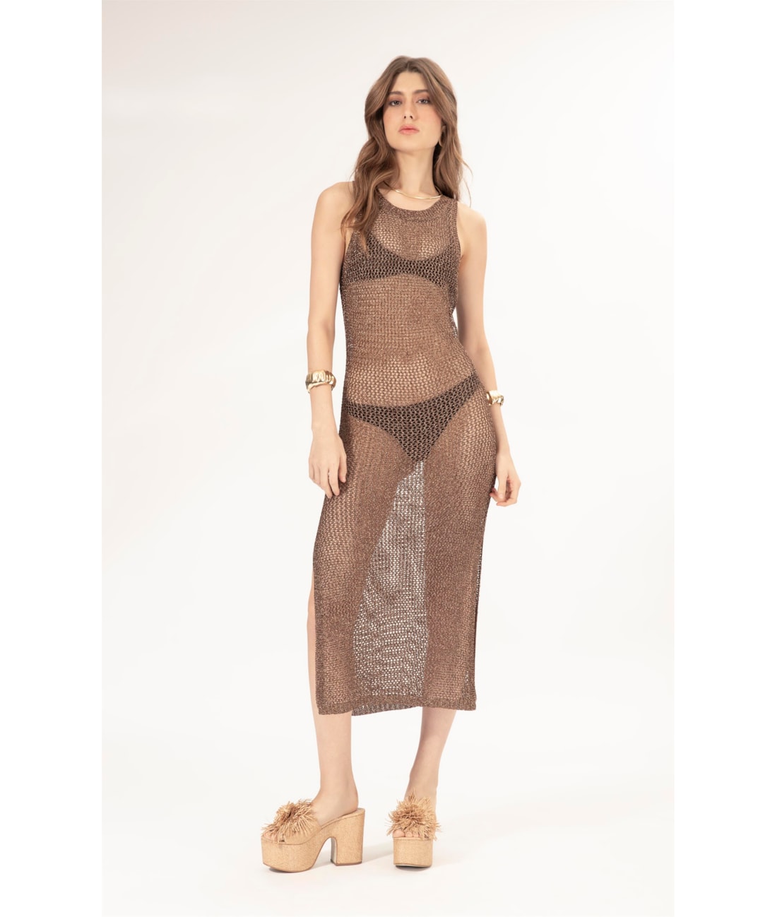 Vestido Midi Tricot Mesh Lurex Cafe