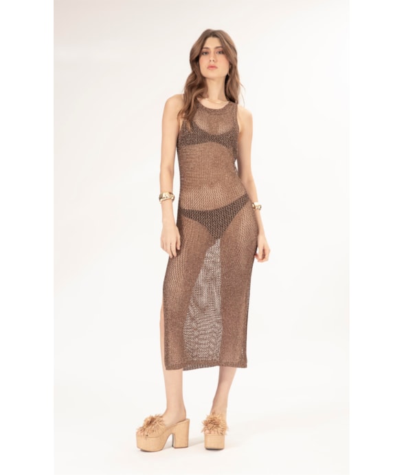 Vestido Midi Tricot Mesh Lurex Cafe
