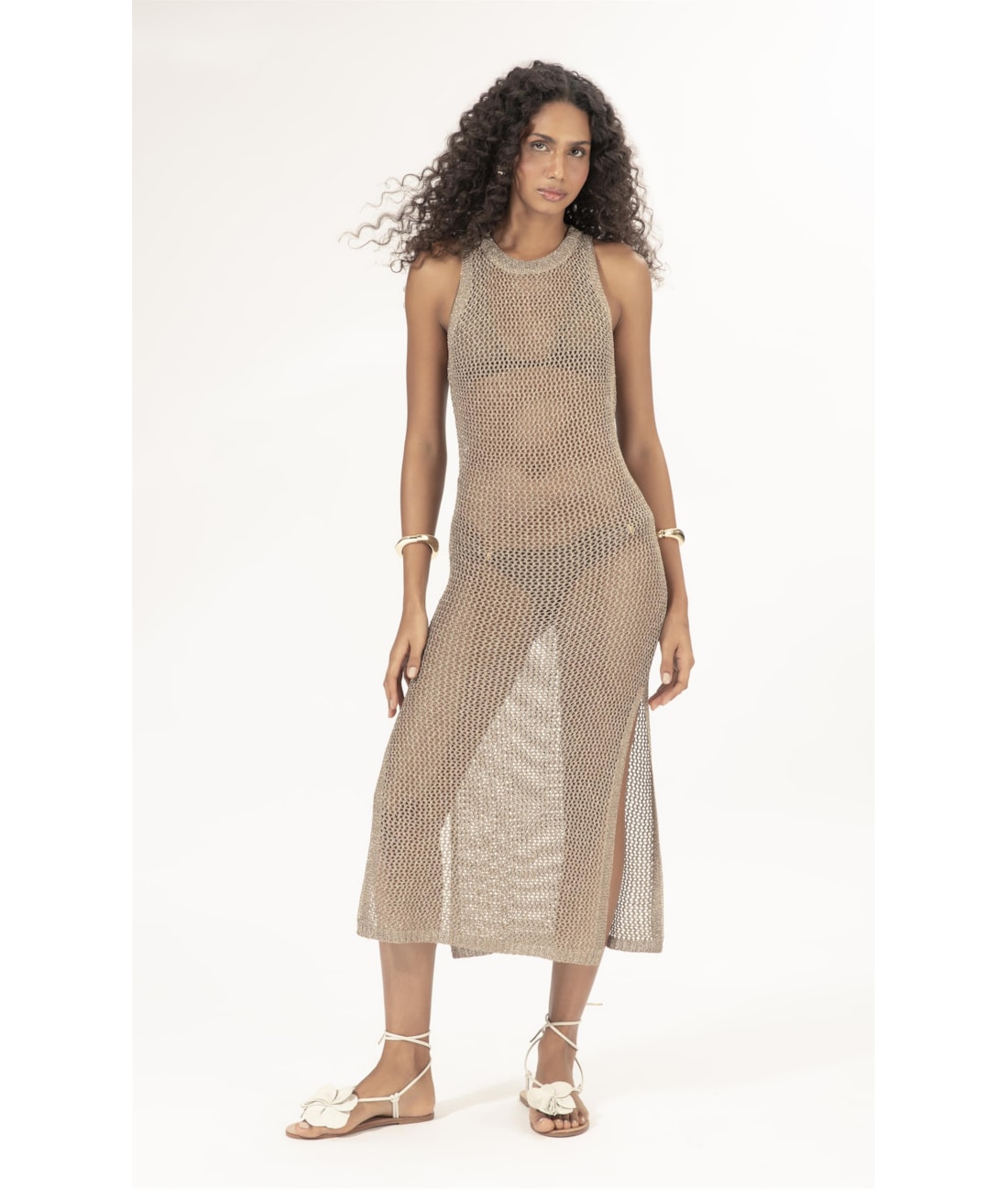 Vestido Midi Tricot Mesh Lurex Ouro