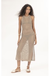 Vestido Midi Tricot Mesh Lurex Ouro