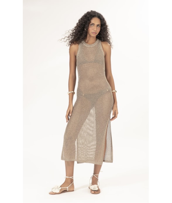 Vestido Midi Tricot Mesh Lurex Ouro