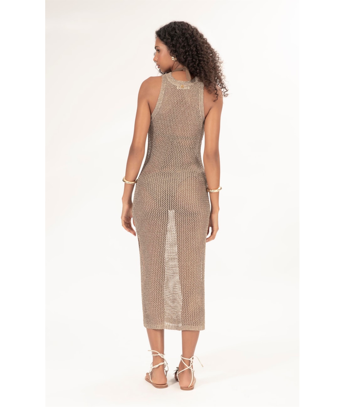 Vestido Midi Tricot Mesh Lurex Ouro