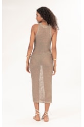 Vestido Midi Tricot Mesh Lurex Ouro