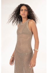 Vestido Midi Tricot Mesh Lurex Ouro