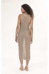 Vestido Midi Tricot Mesh Lurex Ouro