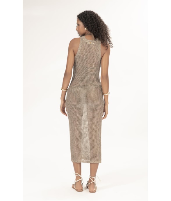 Vestido Midi Tricot Mesh Lurex Ouro