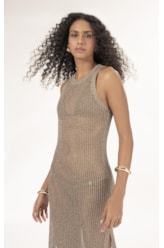 Vestido Midi Tricot Mesh Lurex Ouro