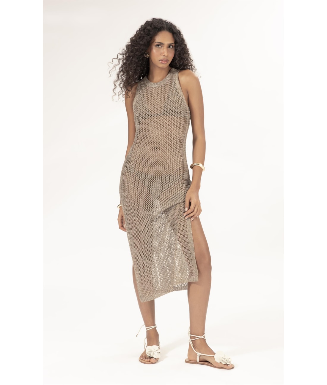 Vestido Midi Tricot Mesh Lurex Ouro