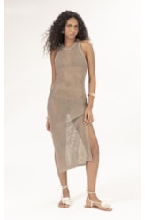 Vestido Midi Tricot Mesh Lurex Ouro