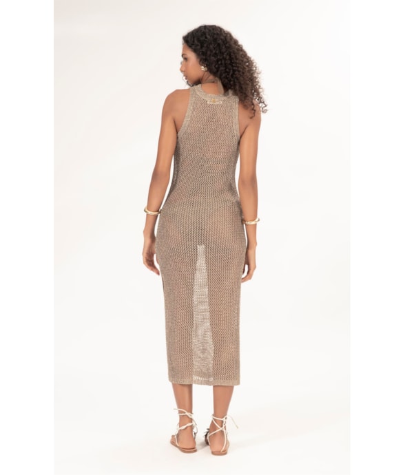 Vestido Midi Tricot Mesh Lurex Ouro