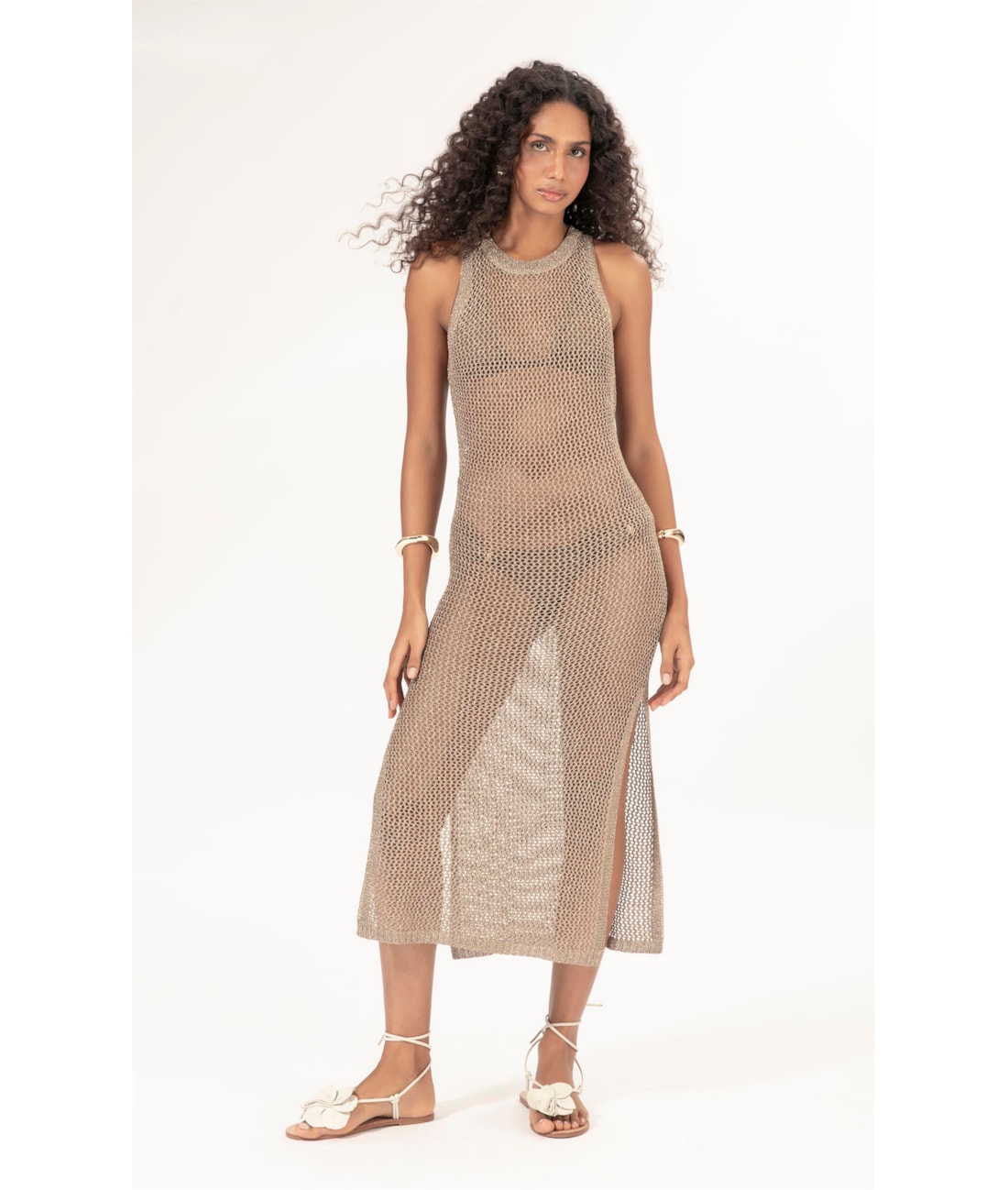 Vestido Midi Tricot Mesh Lurex Ouro