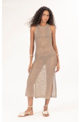 Vestido Midi Tricot Mesh Lurex Ouro