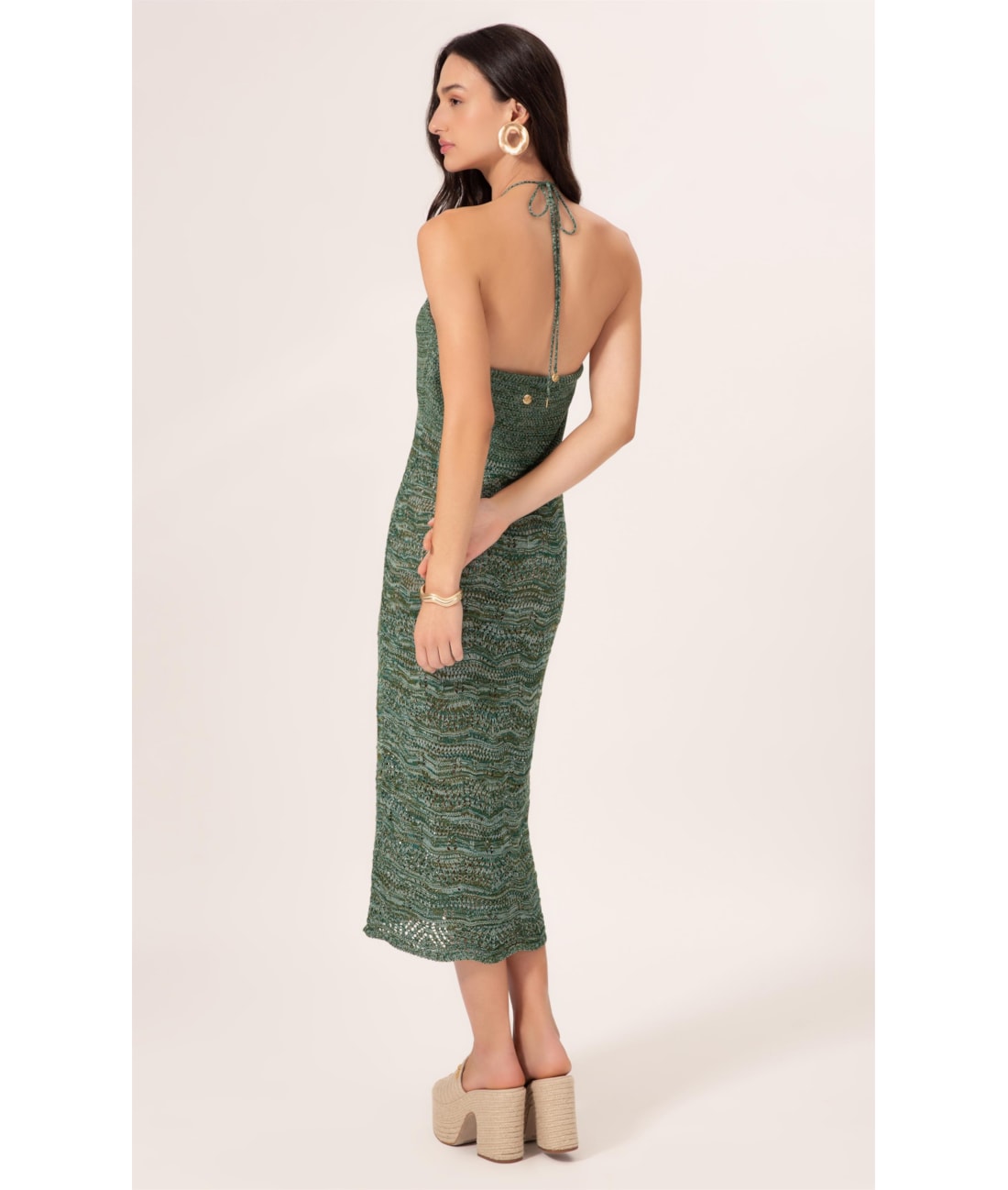 Vestido Midi Tricot Multi Color Verde