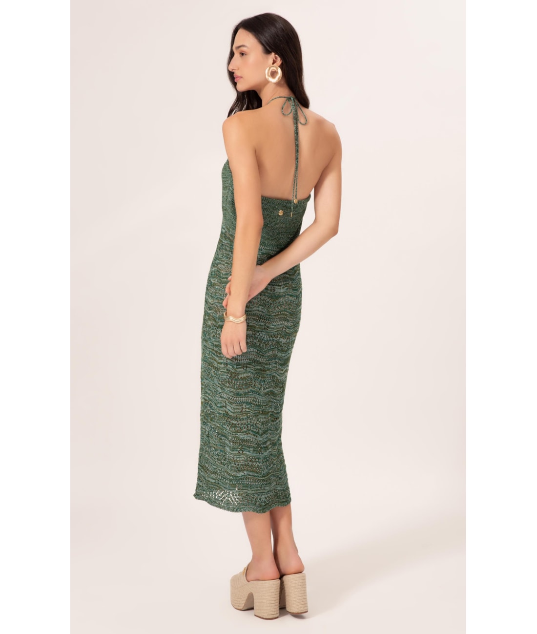 Vestido Midi Tricot Multi Color Verde