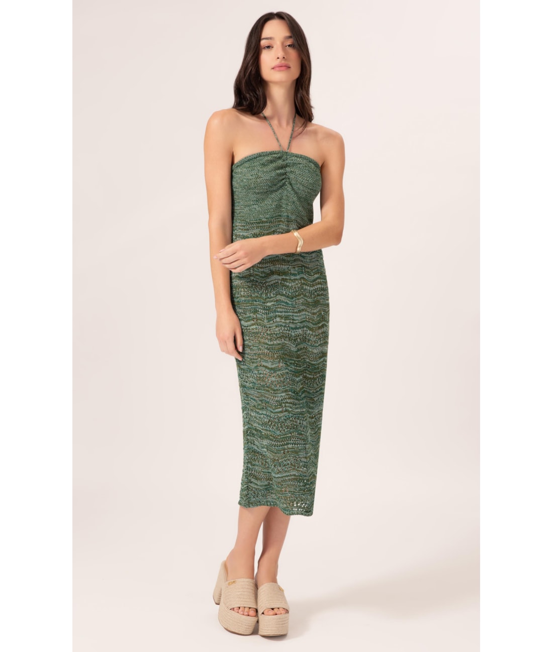Vestido Midi Tricot Multi Color Verde