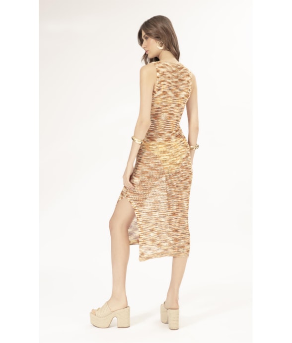 Vestido Midi Tricot Multicolor Laranja