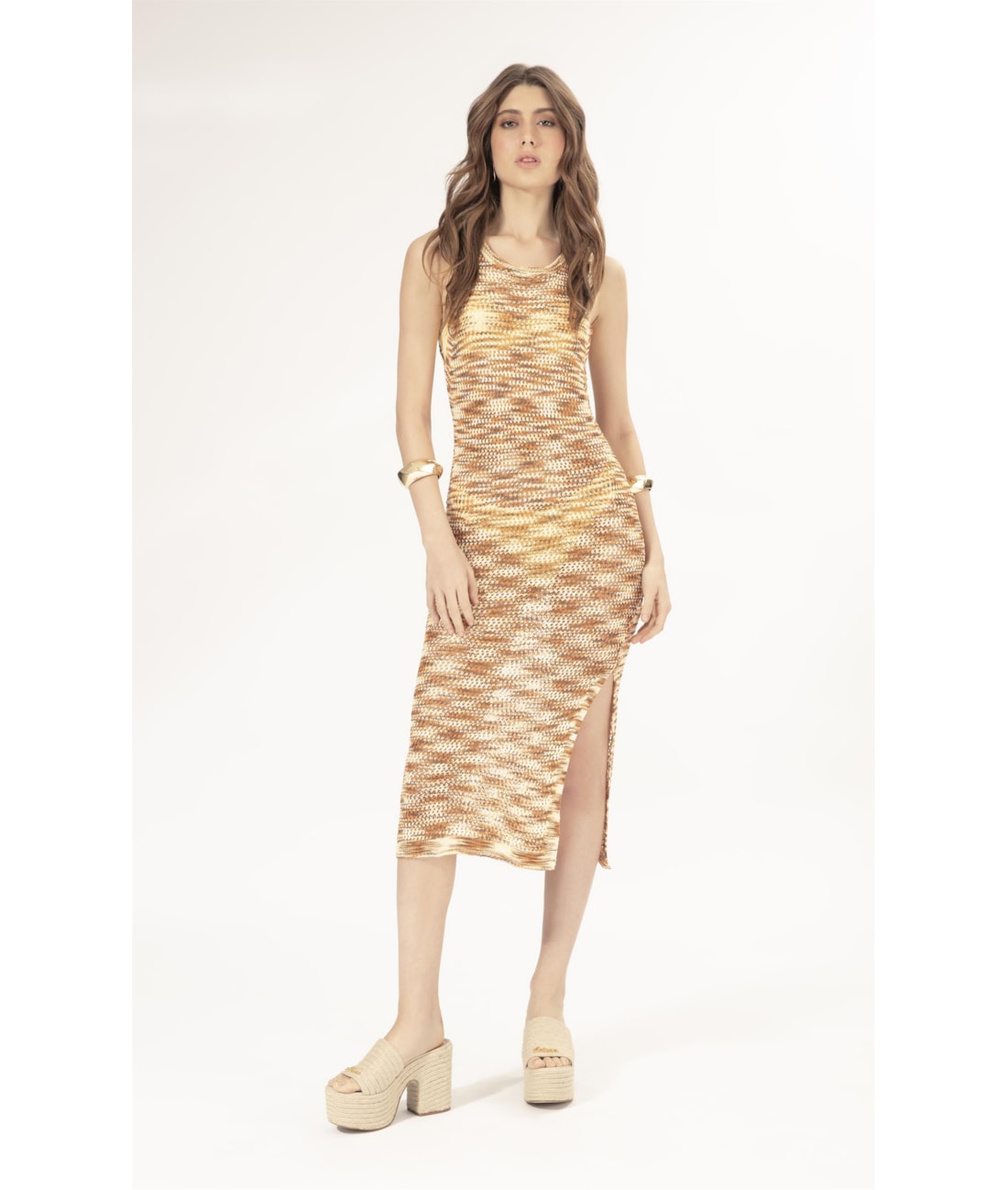 Vestido Midi Tricot Multicolor Laranja