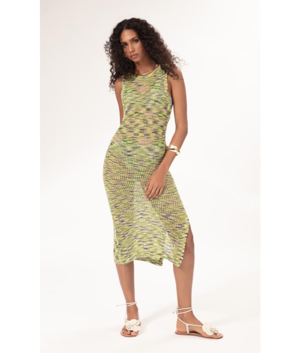Vestido Midi Tricot Multicolor Verde