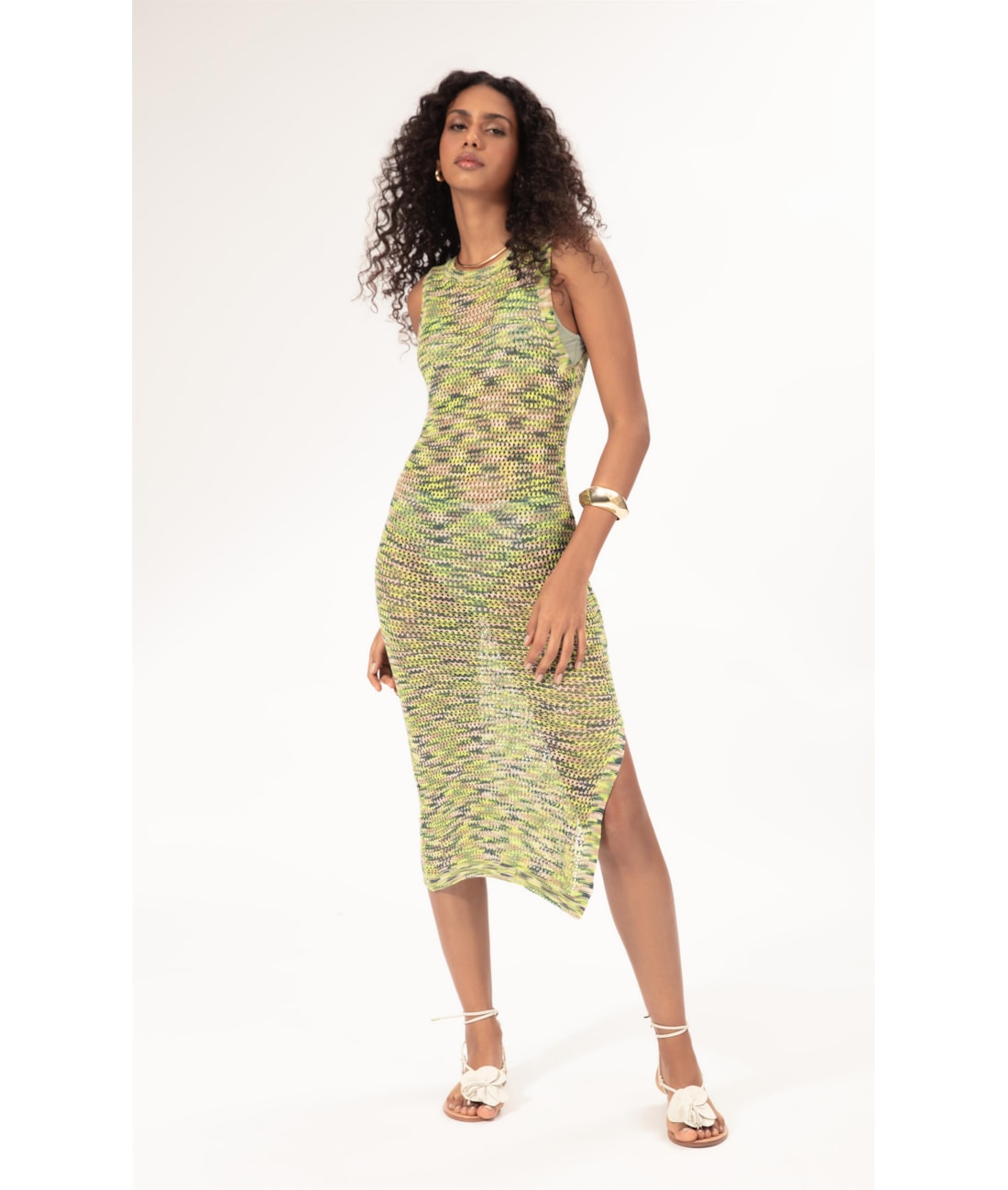 Vestido Midi Tricot Multicolor Verde