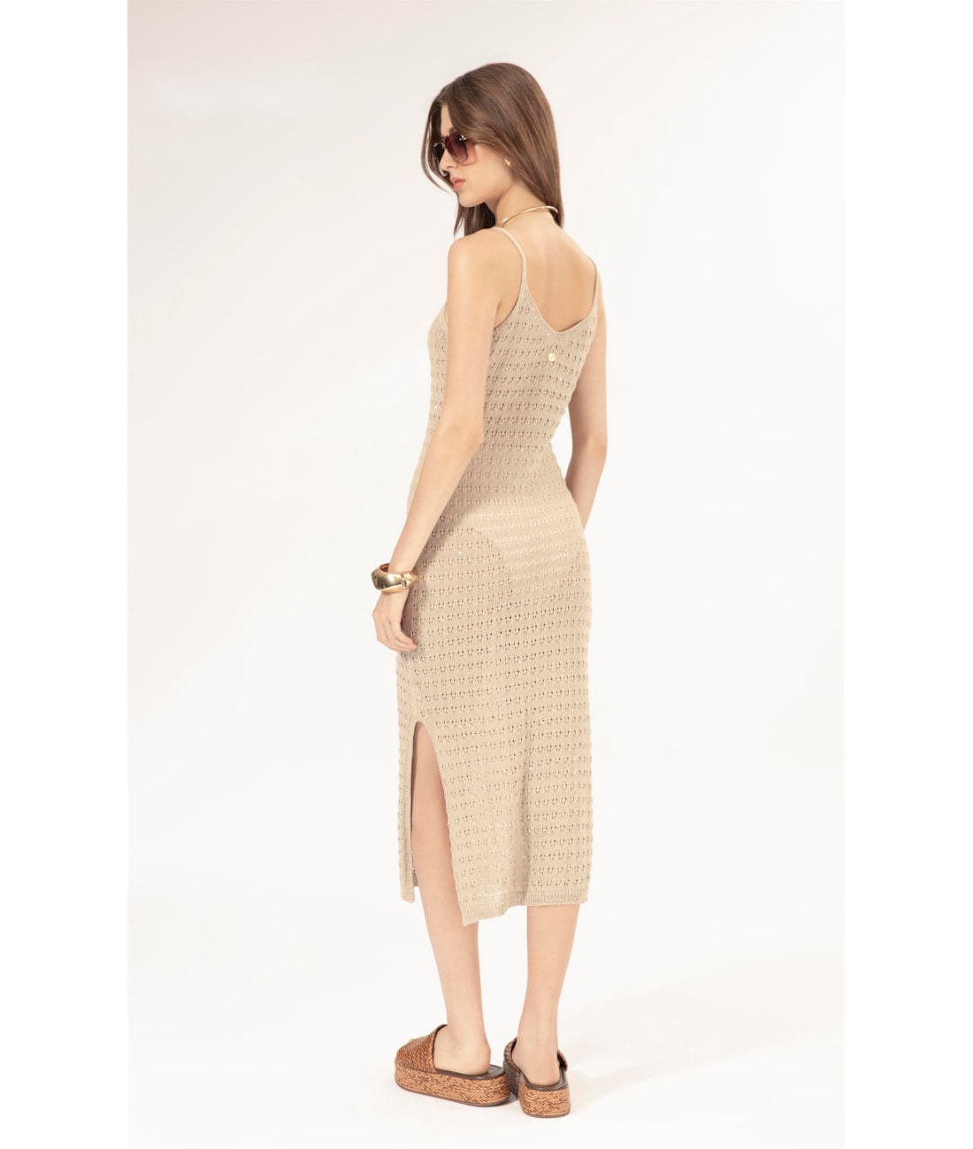 Vestido Midi Tricot Paete Natural