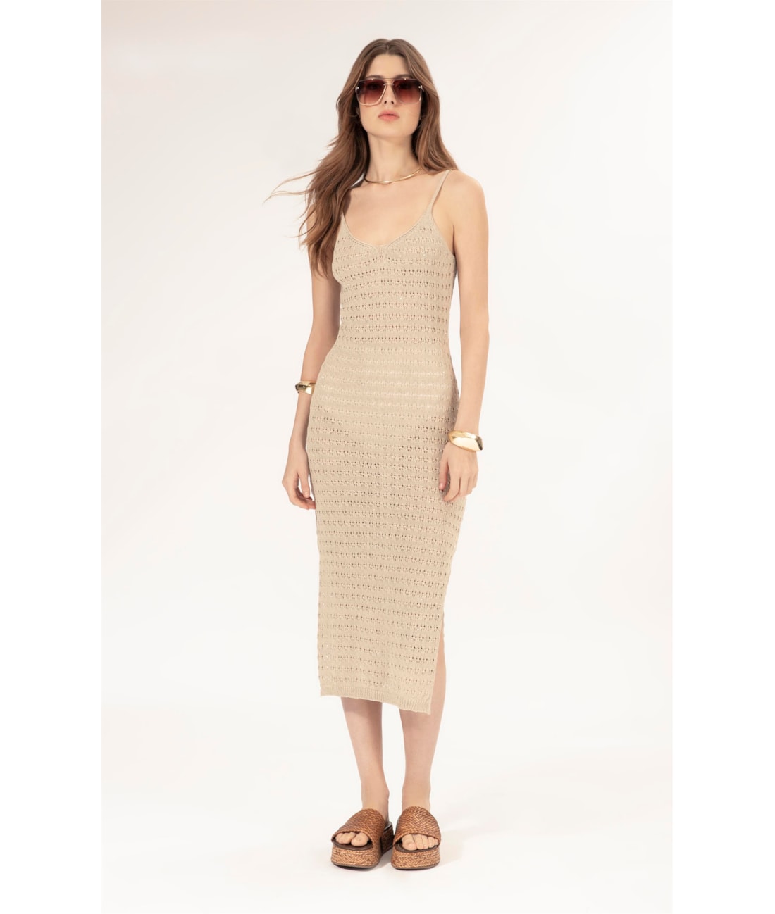 Vestido Midi Tricot Paete Natural