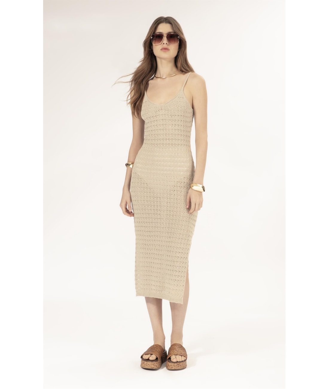 Vestido Midi Tricot Paete Natural