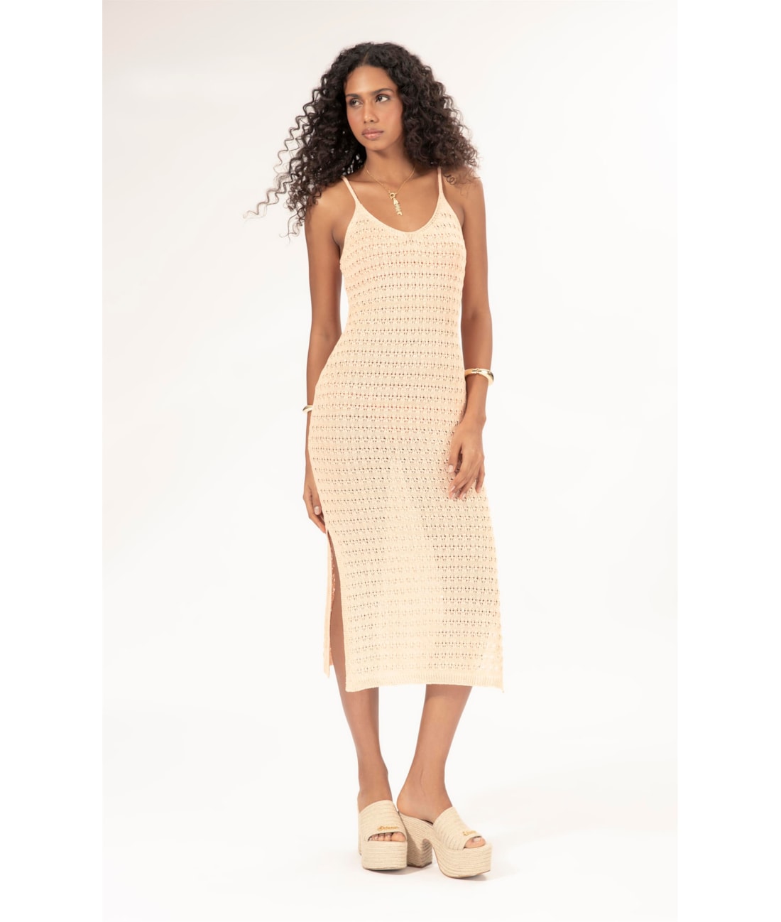 Vestido Midi Tricot Paete Salmao