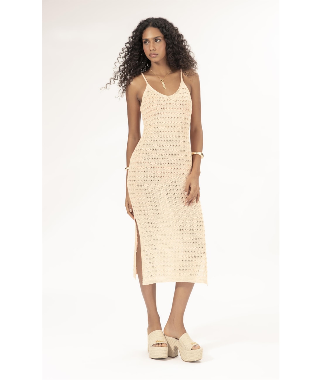 Vestido Midi Tricot Paete Salmao