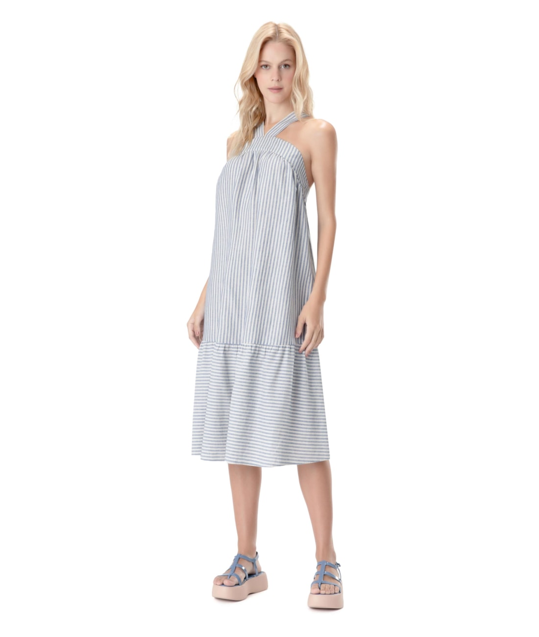 Vestido Midi Visco Stripes Azul Jeans