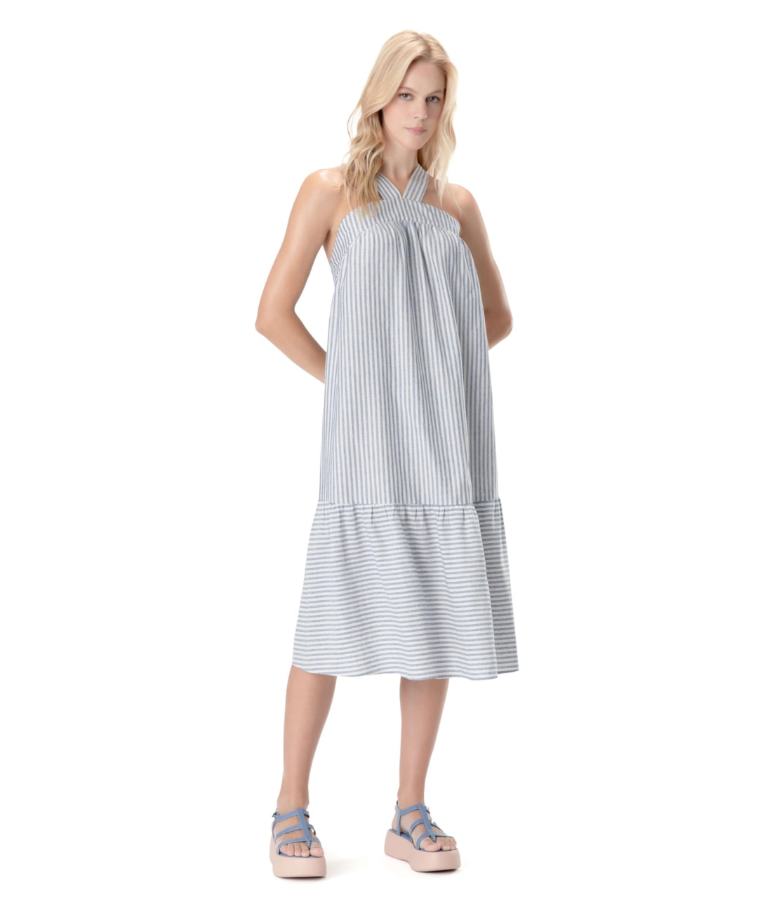 Vestido Midi Visco Stripes Azul Jeans
