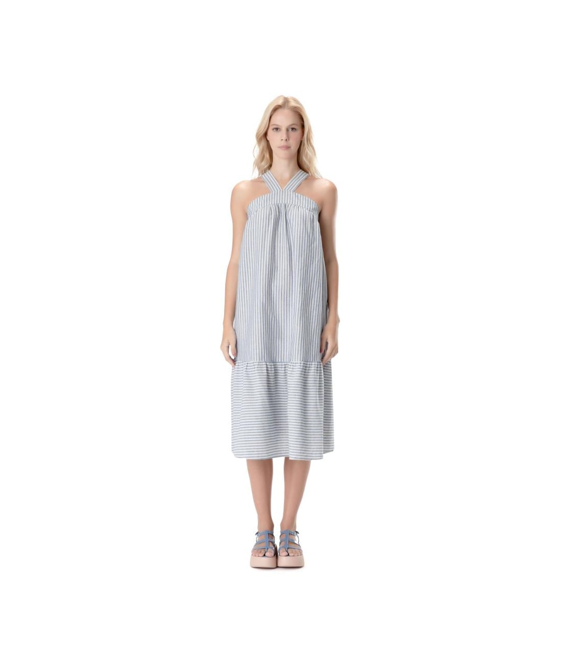 Vestido Midi Visco Stripes Azul Jeans