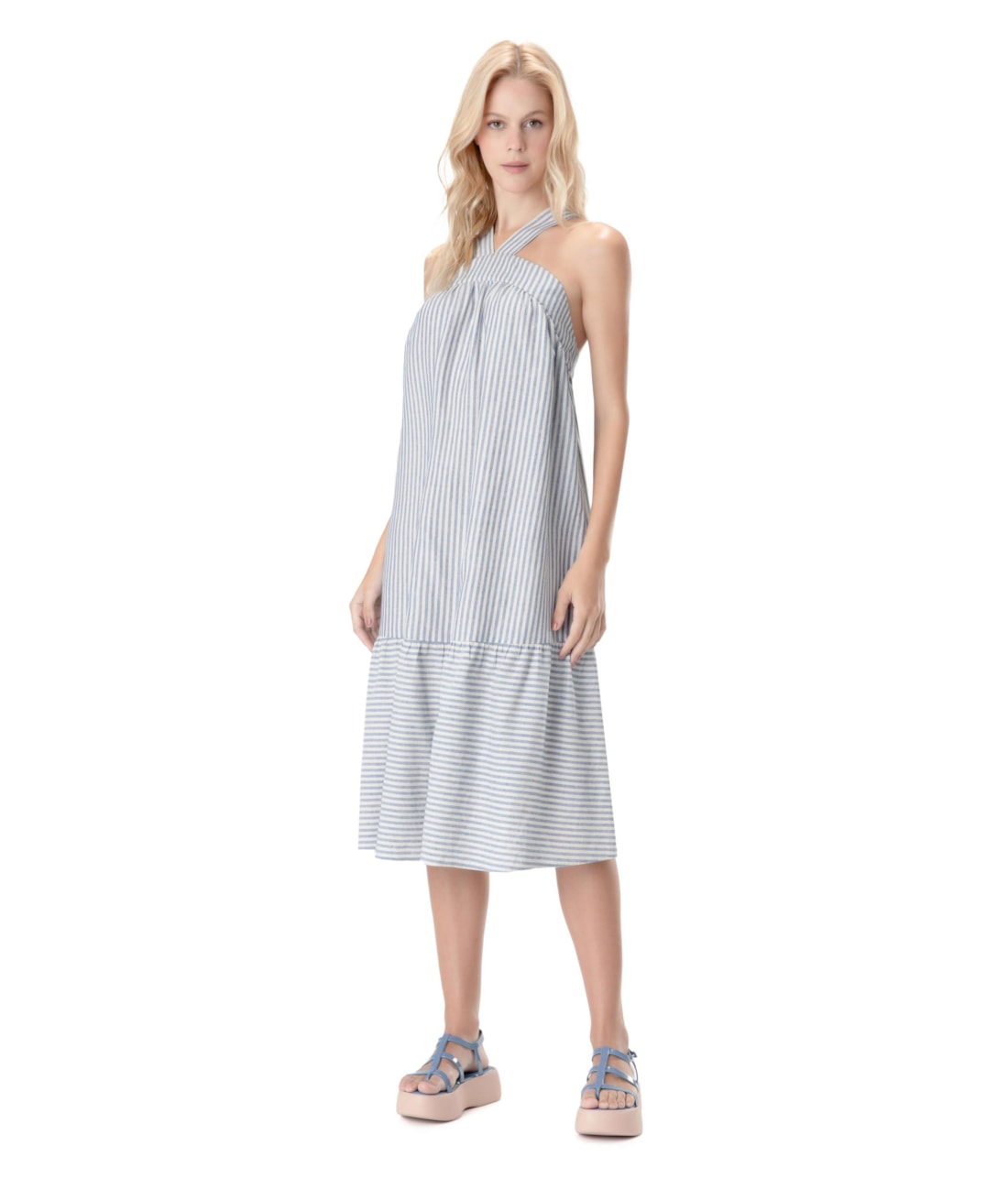Vestido Midi Visco Stripes Azul Jeans