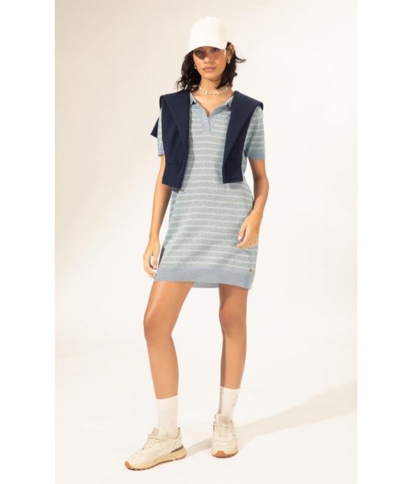 Vestido Polo Tricot Listrado Sparkle Azul Claro