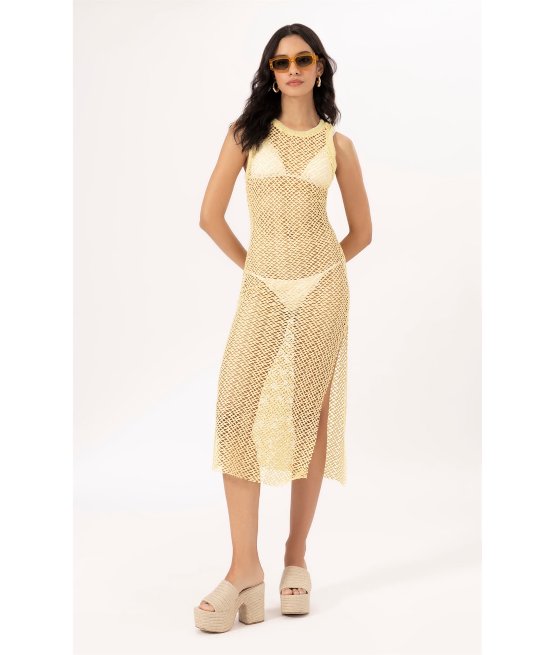 Vestido Regata Mesh Lurex Amarelo Claro