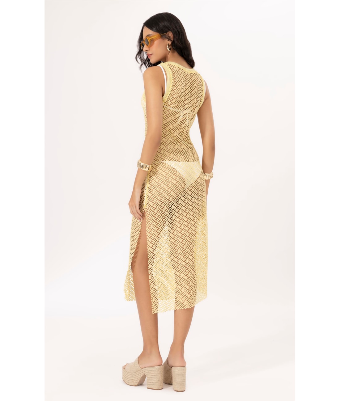 Vestido Regata Mesh Lurex Amarelo Claro