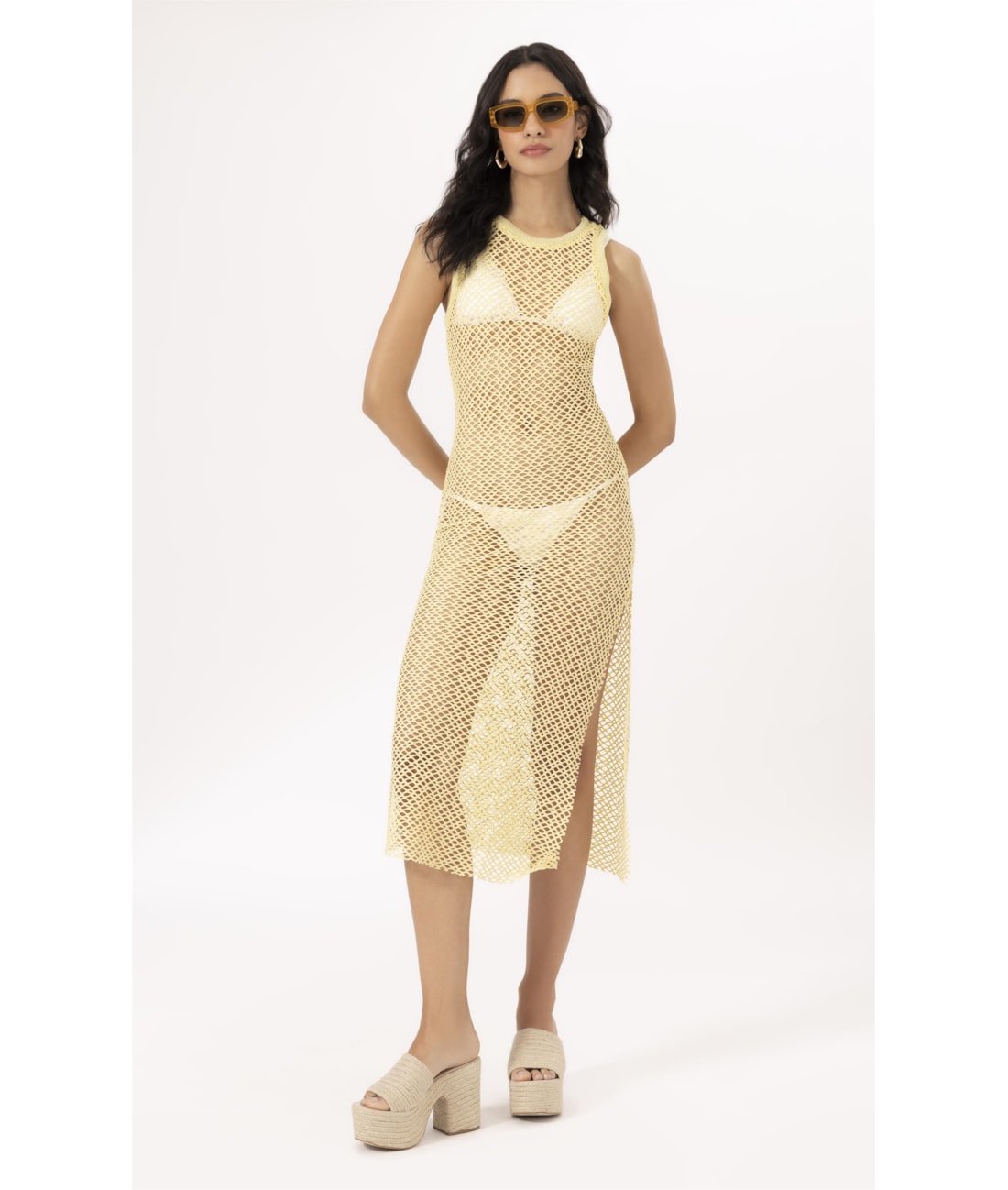 Vestido Regata Mesh Lurex Amarelo Claro