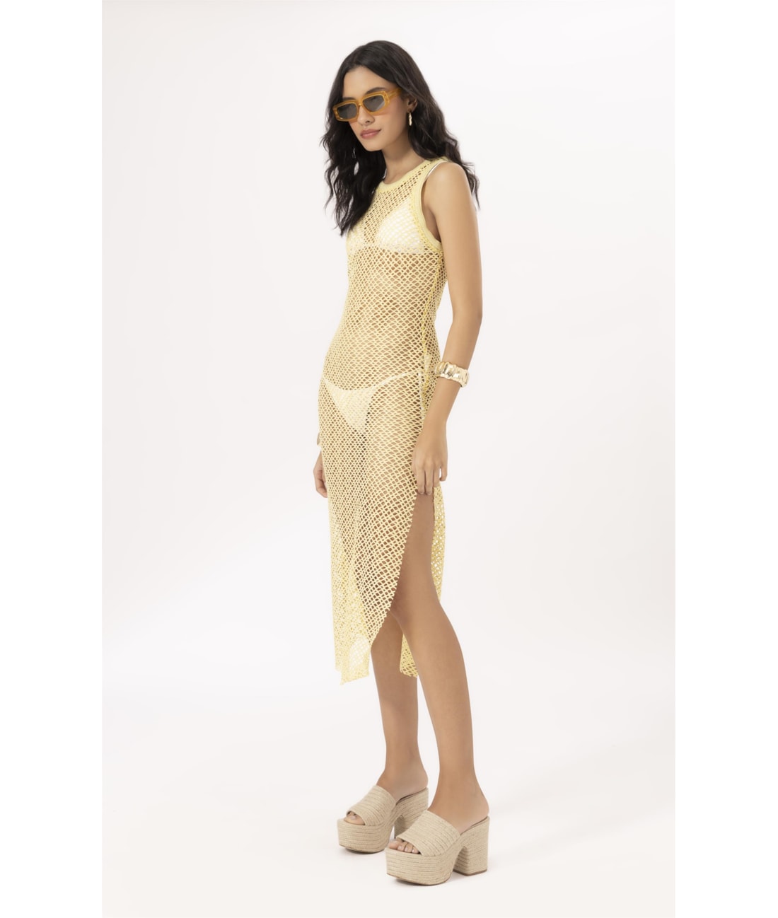 Vestido Regata Mesh Lurex Amarelo Claro