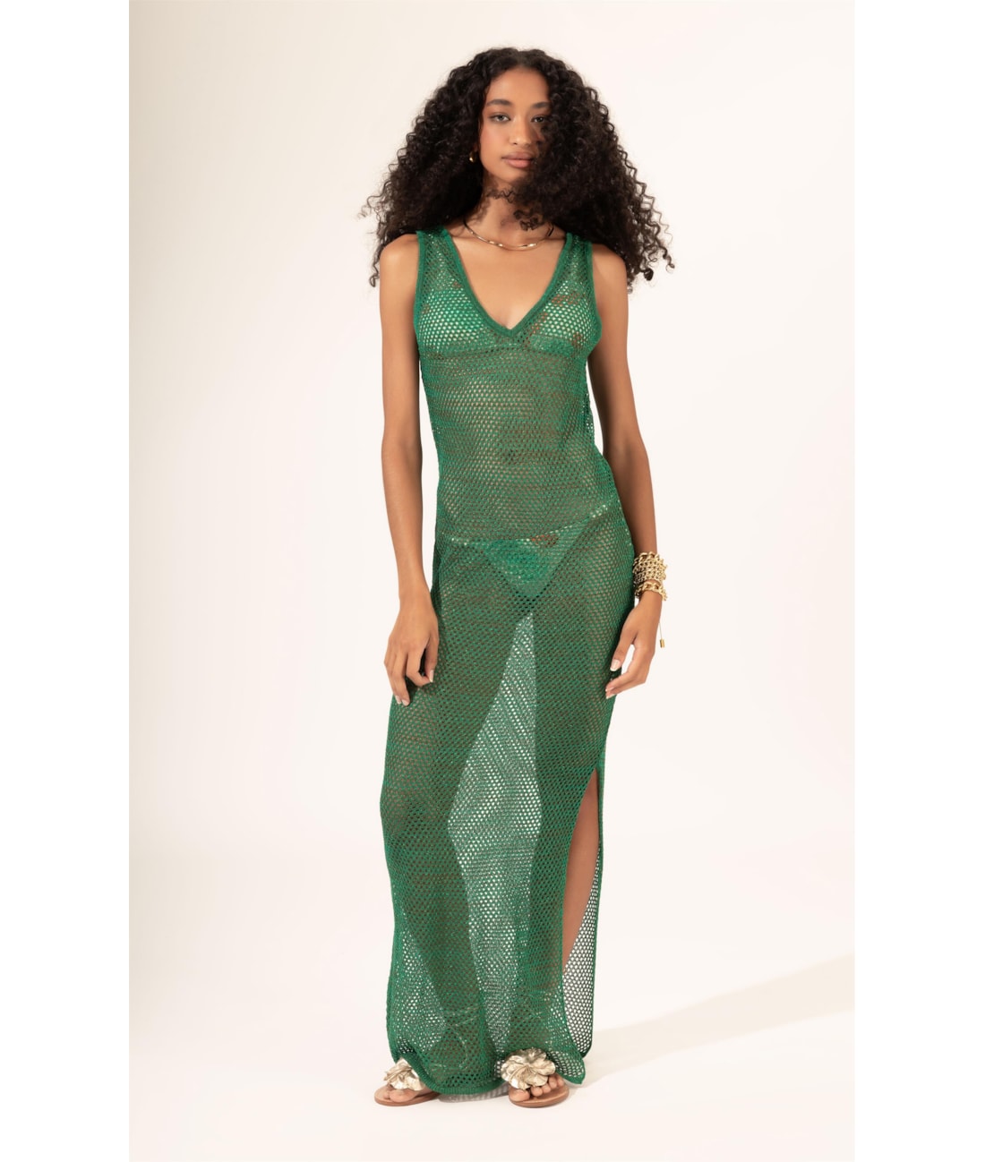 Vestido Regata Tricot Lurex Verde Escuro
