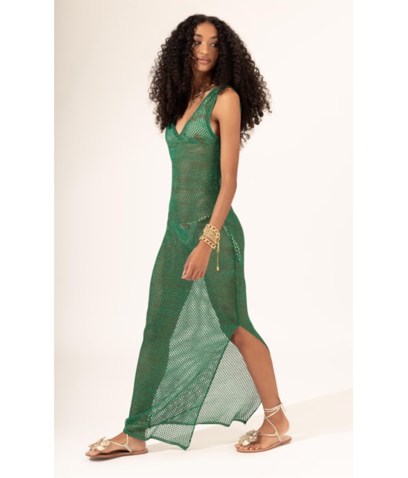 Vestido Regata Tricot Lurex Verde Escuro