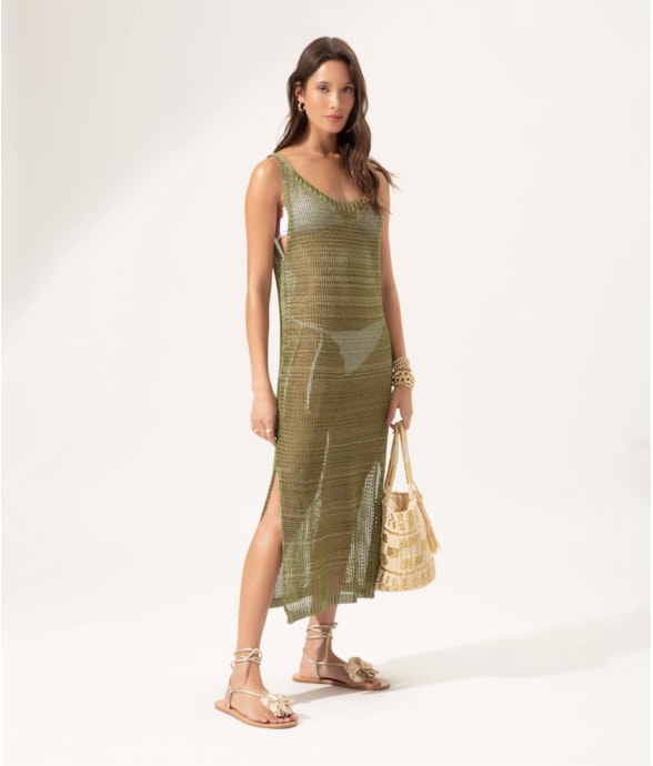 Vestido Regata Tricot Rendado Pistache