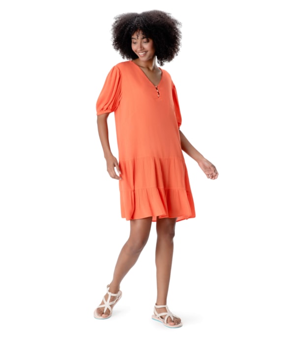 Vestido Resort Curto Recortes Crepe Indiano Coral